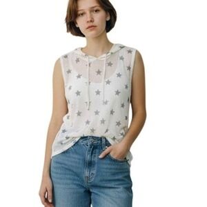 Vintage Havana Sleeveless Mesh Star Hoodie Top Cream Charcoal Sz M